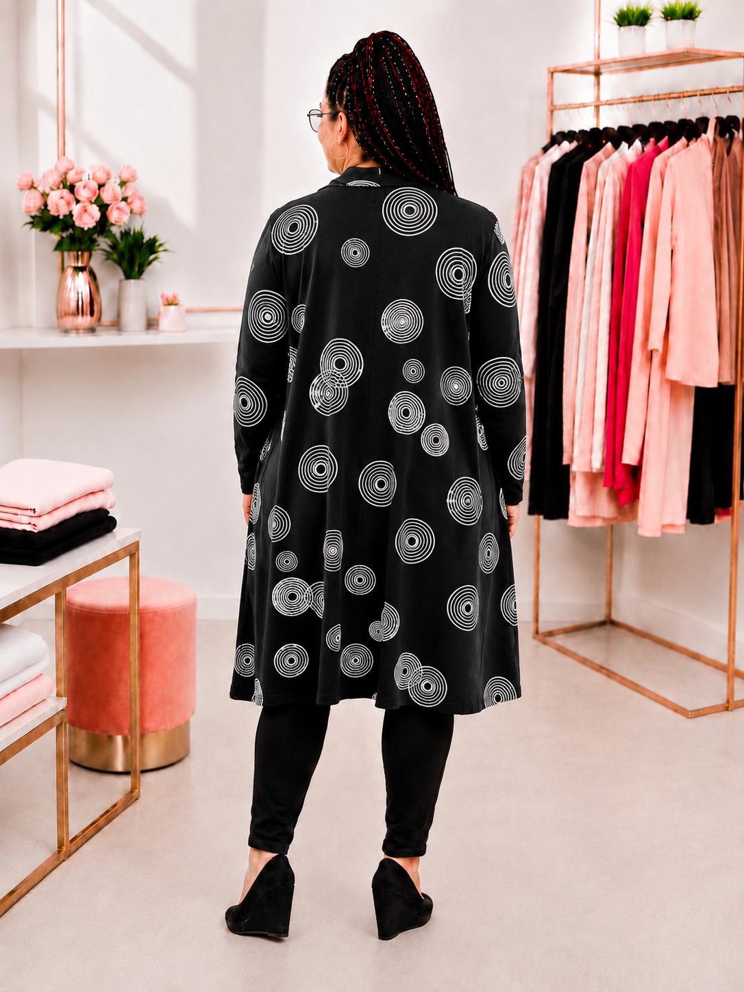 Mantel Langer Cardigan mit grafischem Kreis-Print – Schwarz/Weiß – Bild 5