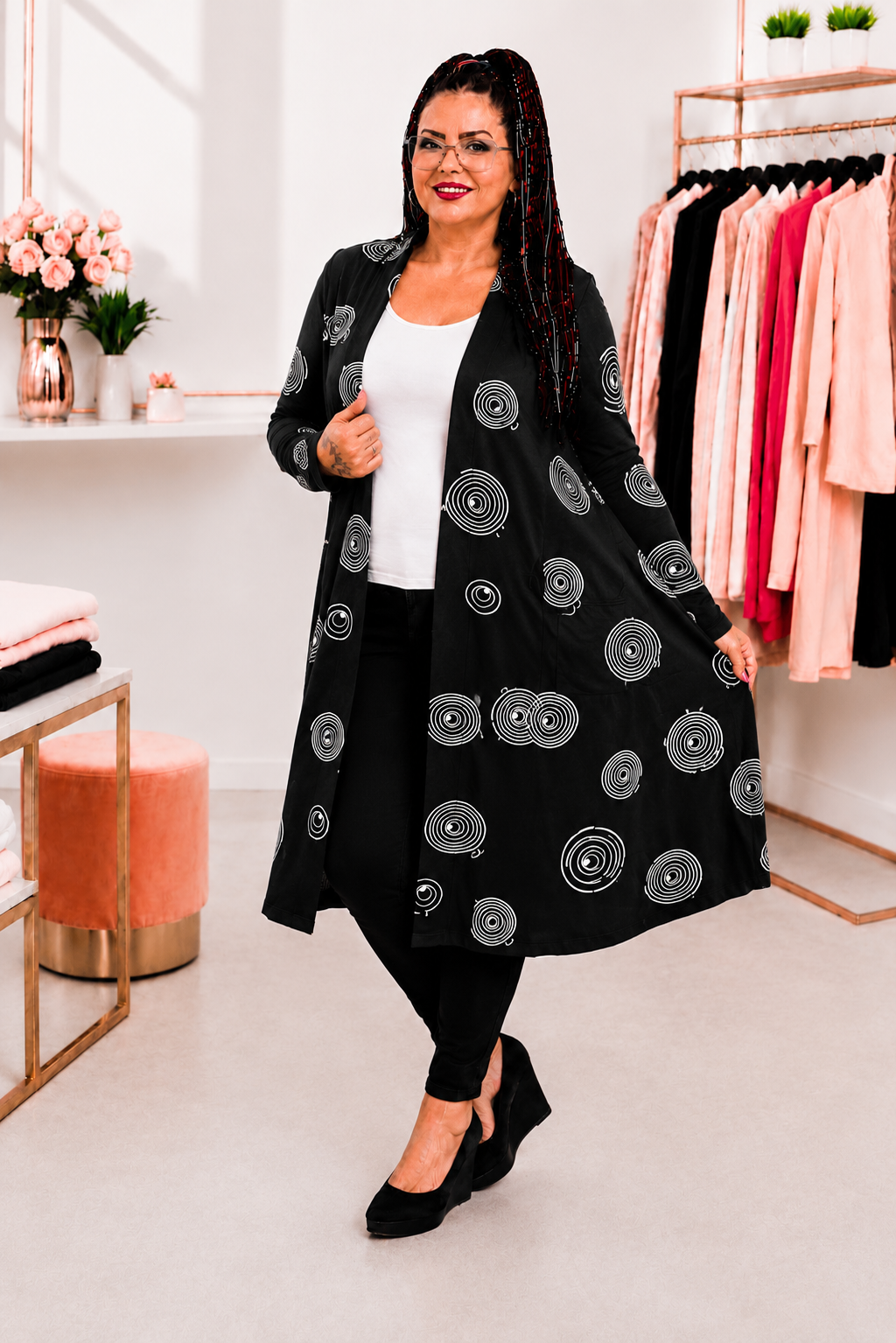 Mantel Langer Cardigan mit grafischem Kreis-Print – Schwarz/Weiß