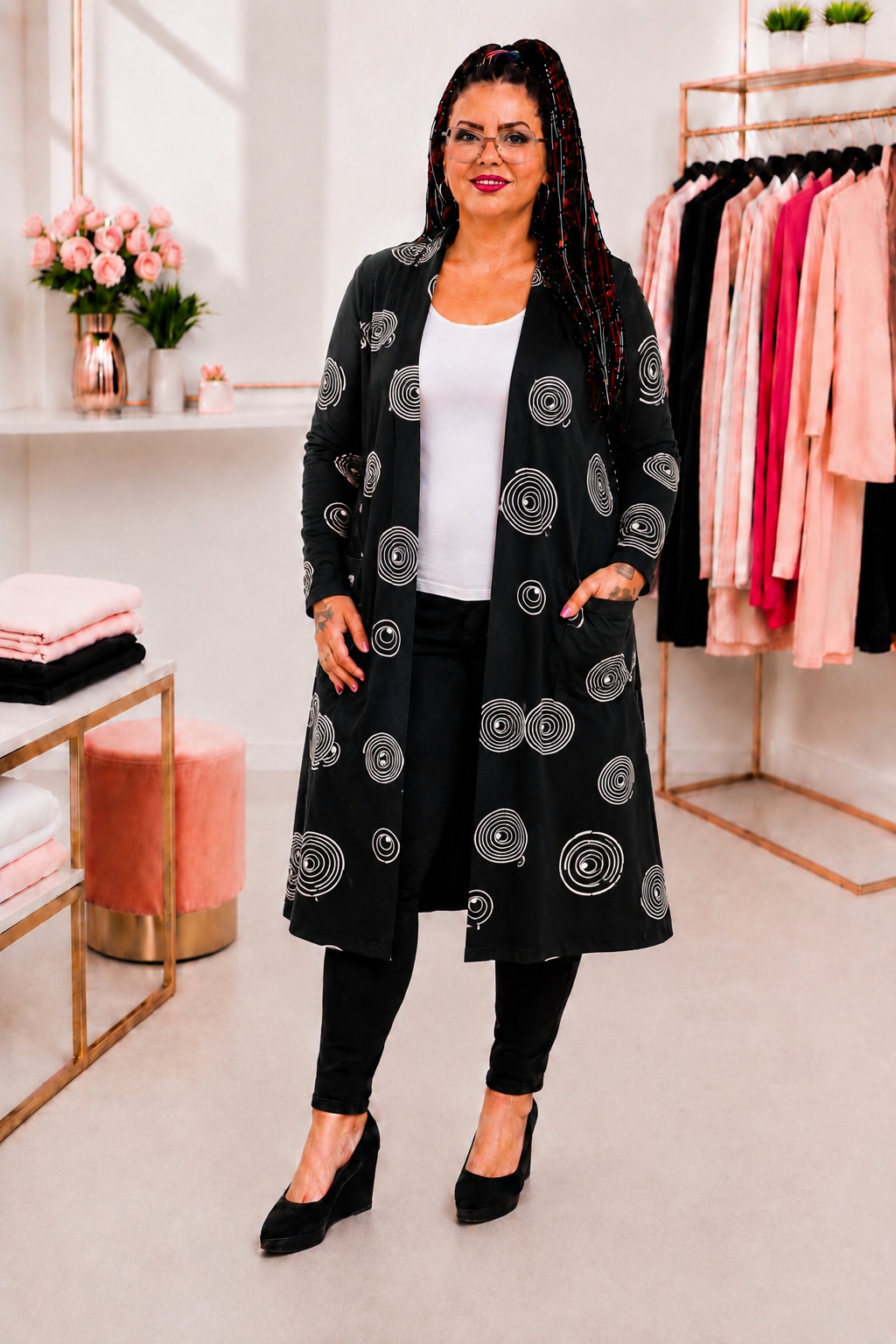 Mantel Langer Cardigan mit grafischem Kreis-Print – Schwarz/Weiß – Bild 2
