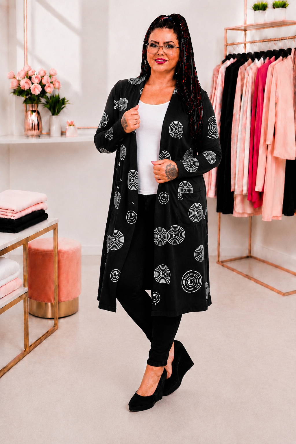Mantel Langer Cardigan mit grafischem Kreis-Print – Schwarz/Weiß – Bild 4